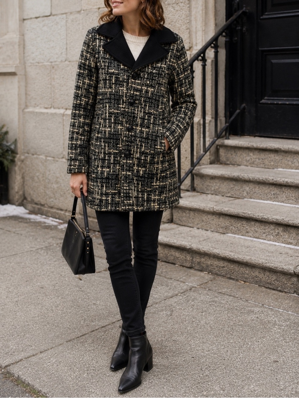 Vintage coat checkered Wool Blend Pea Coat unisex XS Black Beige Textured winter